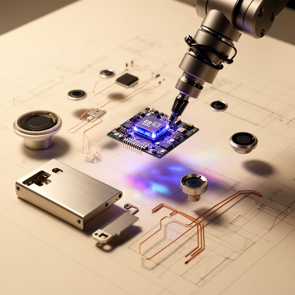 Robotic arm assembling an edge AI module on engineering blueprints